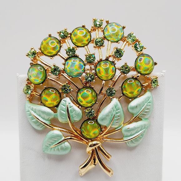 Vintage Style Watermelon Rhinestone Cabochon Tree Brooch Green Enamel Leaves - Picture 6 of 9